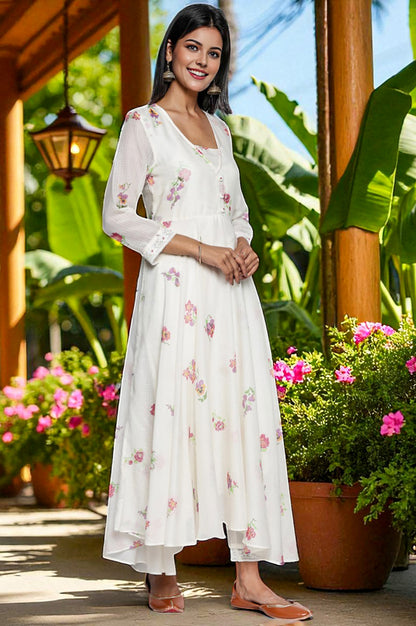 Ecru Printed Kota Flared Kurta, Straight Pant and Dupatta Set