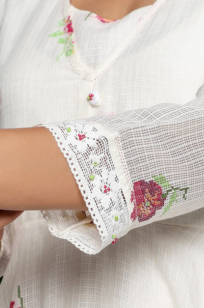 Ecru Printed Kota Flared Kurta, Straight Pant and Dupatta Set