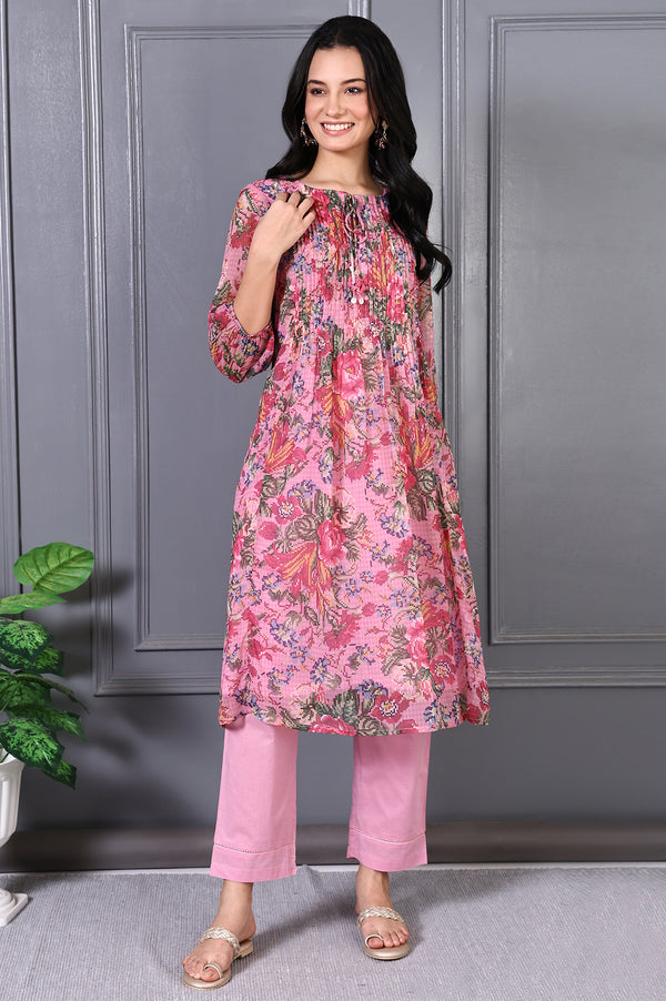 Pink Floral Printed Pintuck Yoke Chiffon Straight Kurta and Pants Co-ord Set