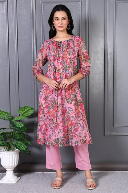Pink Floral Printed Pintuck Yoke Chiffon Straight Kurta and Pants Co-ord Set
