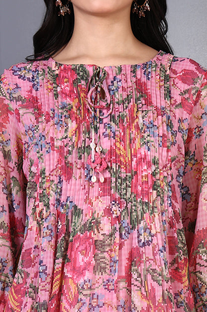 Pink Floral Printed Pintuck Yoke Chiffon Straight Kurta and Pants Co-ord Set