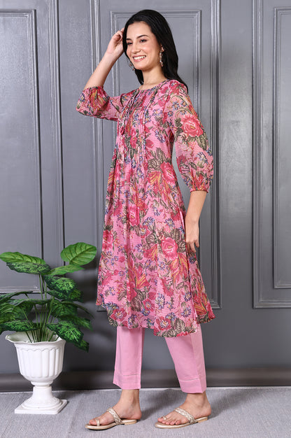 Pink Floral Printed Pintuck Yoke Chiffon Straight Kurta and Pants Co-ord Set