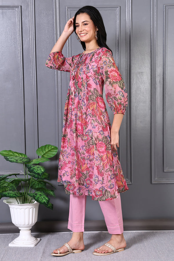 Pink Floral Printed Pintuck Yoke Chiffon Straight Kurta and Pants Co-ord Set