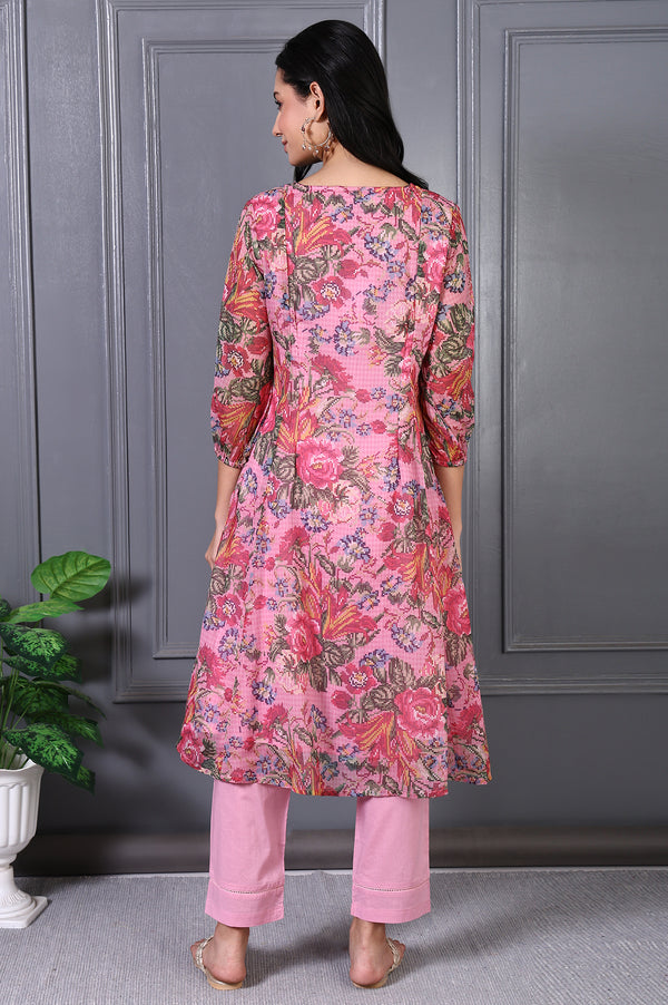 Pink Floral Printed Pintuck Yoke Chiffon Straight Kurta and Pants Co-ord Set