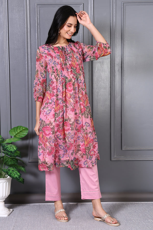 Pink Floral Printed Pintuck Yoke Chiffon Straight Kurta and Pants Co-ord Set
