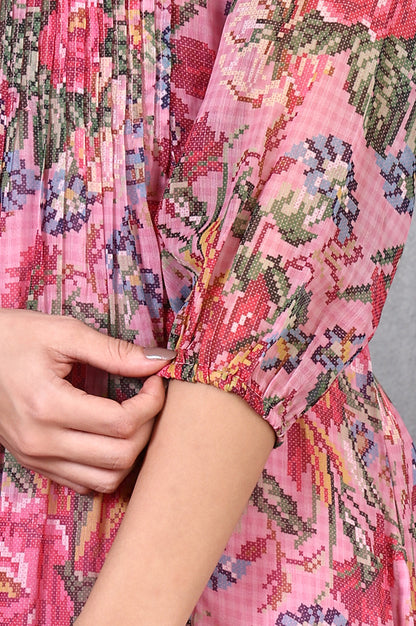 Pink Floral Printed Pintuck Yoke Chiffon Straight Kurta and Pants Co-ord Set
