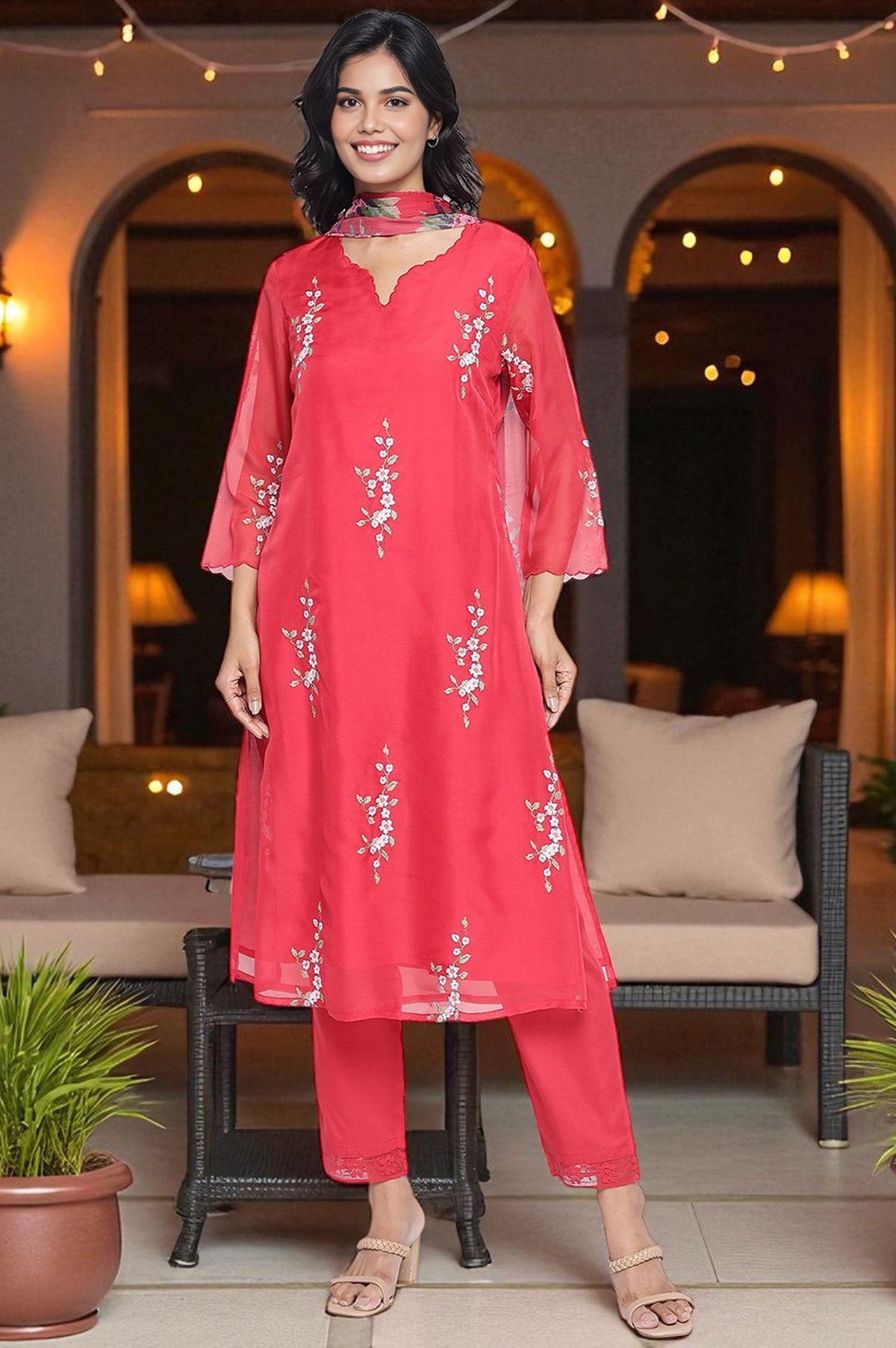 Red Embroidered Printed Organza Straight Kurta, Straight Pant and Dupatta Set - S