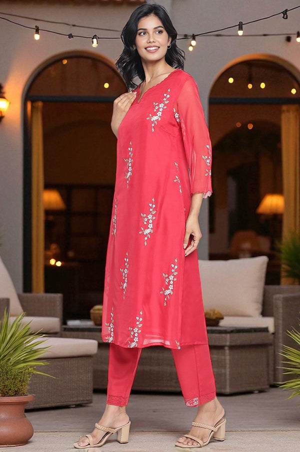 Red Embroidered Printed Organza Straight Kurta, Straight Pant and Dupatta Set