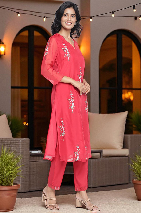 Red Embroidered Printed Organza Straight Kurta, Straight Pant and Dupatta Set
