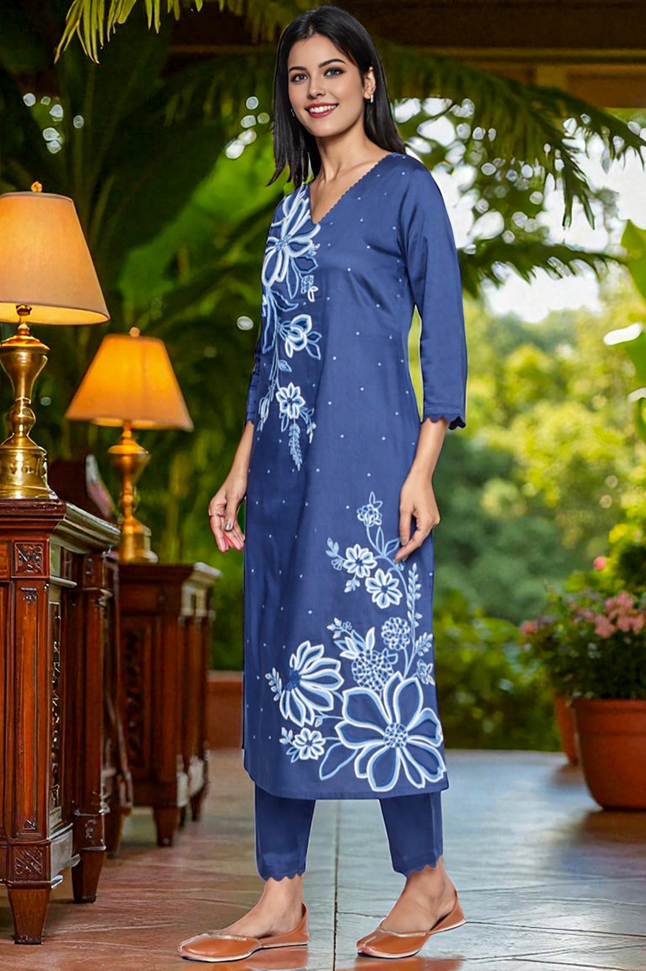 Dark Blue Solid Printed A-Line Kurta, Straight Pant and Dupatta Set