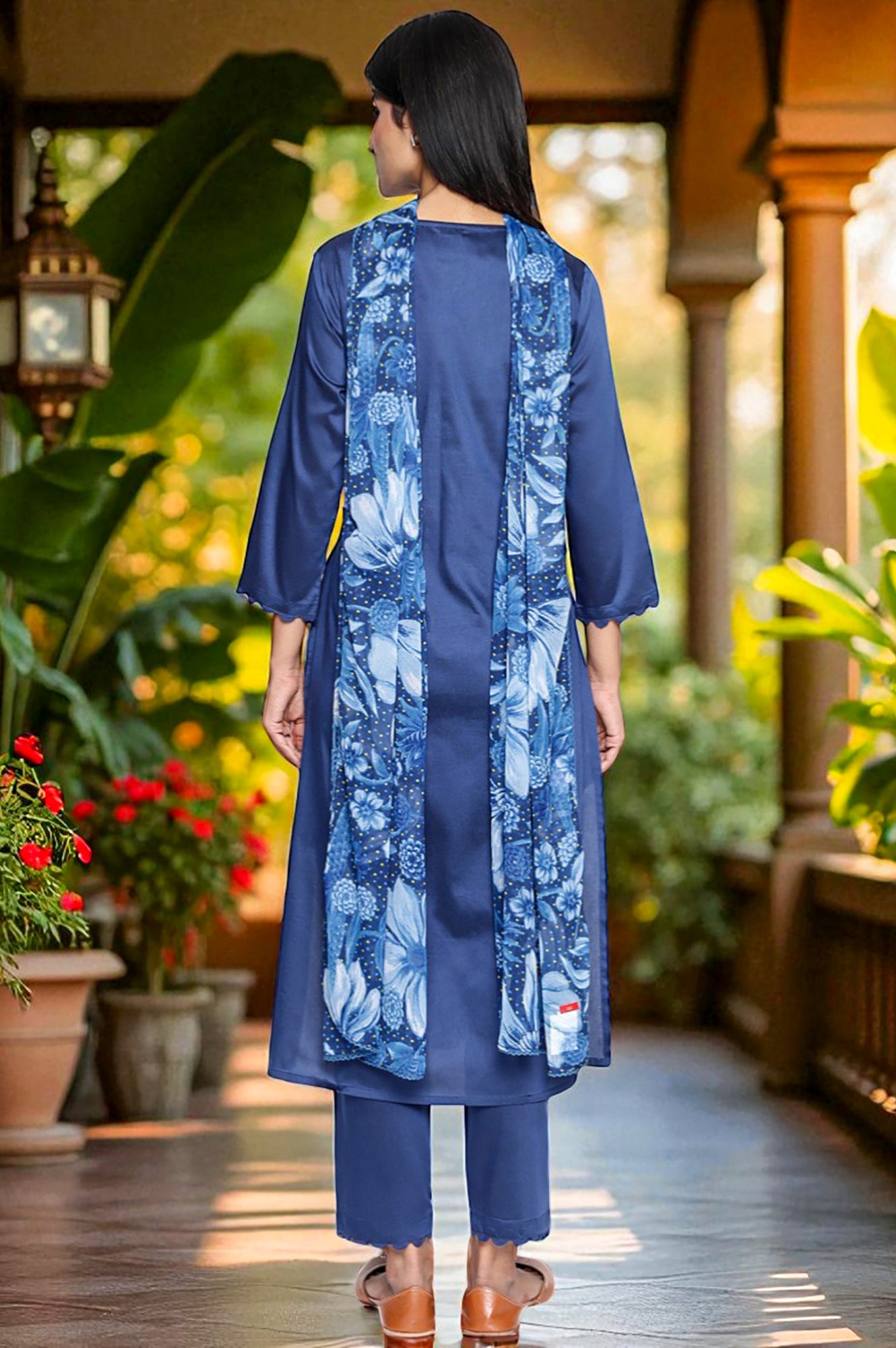 Dark Blue Solid Printed A-Line Kurta, Straight Pant and Dupatta Set
