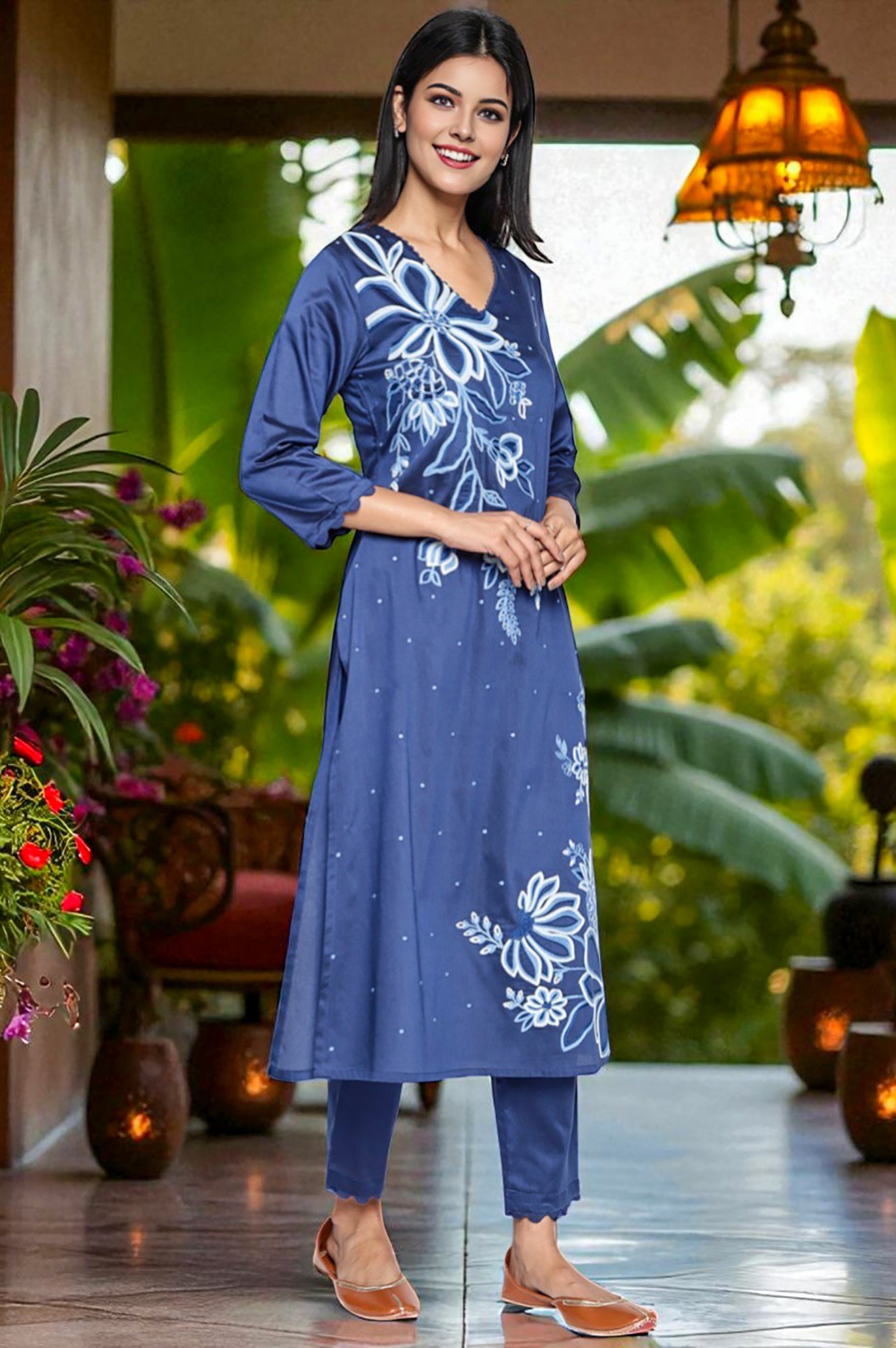 Dark Blue Solid Printed A-Line Kurta, Straight Pant and Dupatta Set