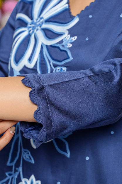 Dark Blue Solid Printed A-Line Kurta, Straight Pant and Dupatta Set