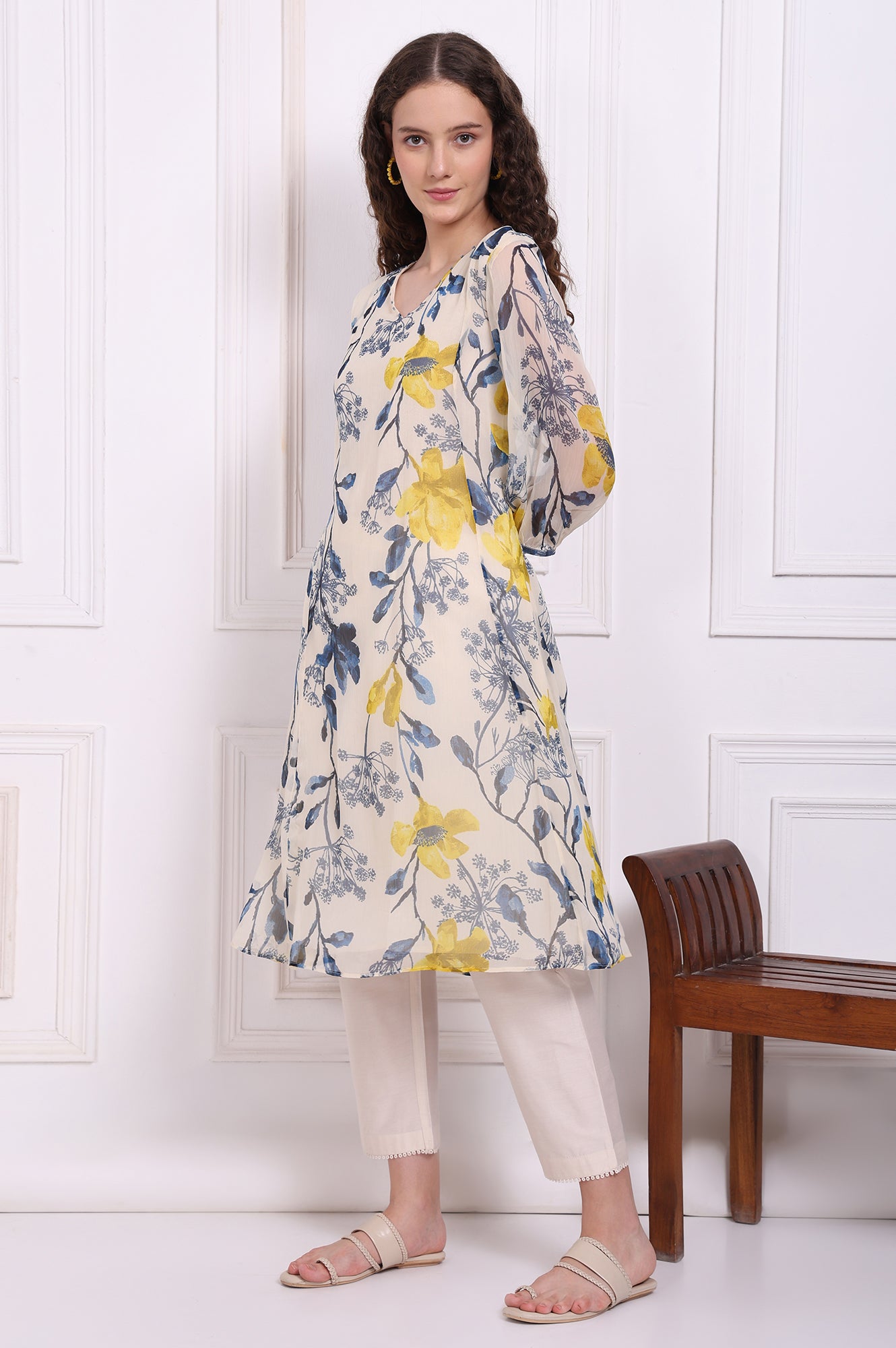 Ecru Floral Printed Chiffon Flared Kurta, Pants and Dupatta Set