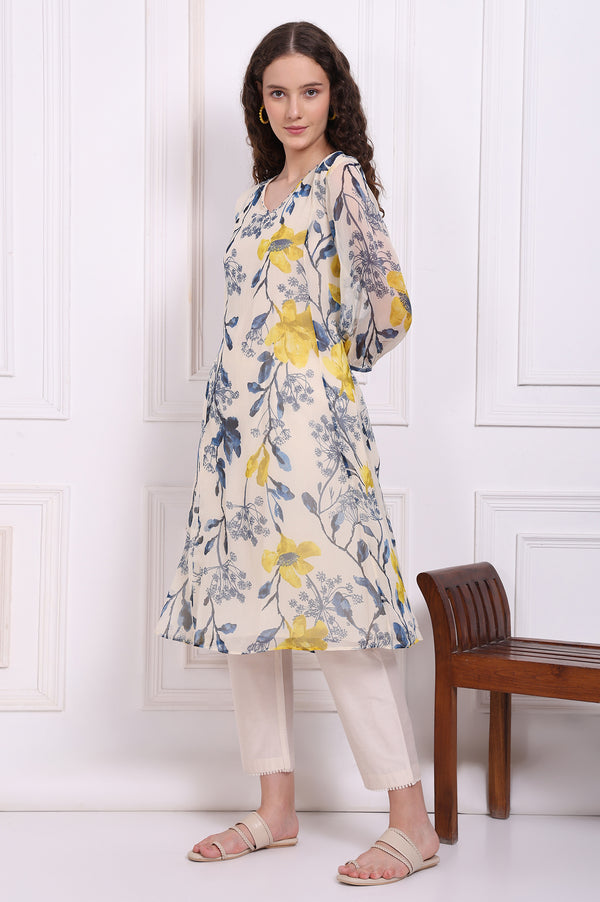 Ecru Floral Printed Chiffon Flared Kurta, Pants and Dupatta Set