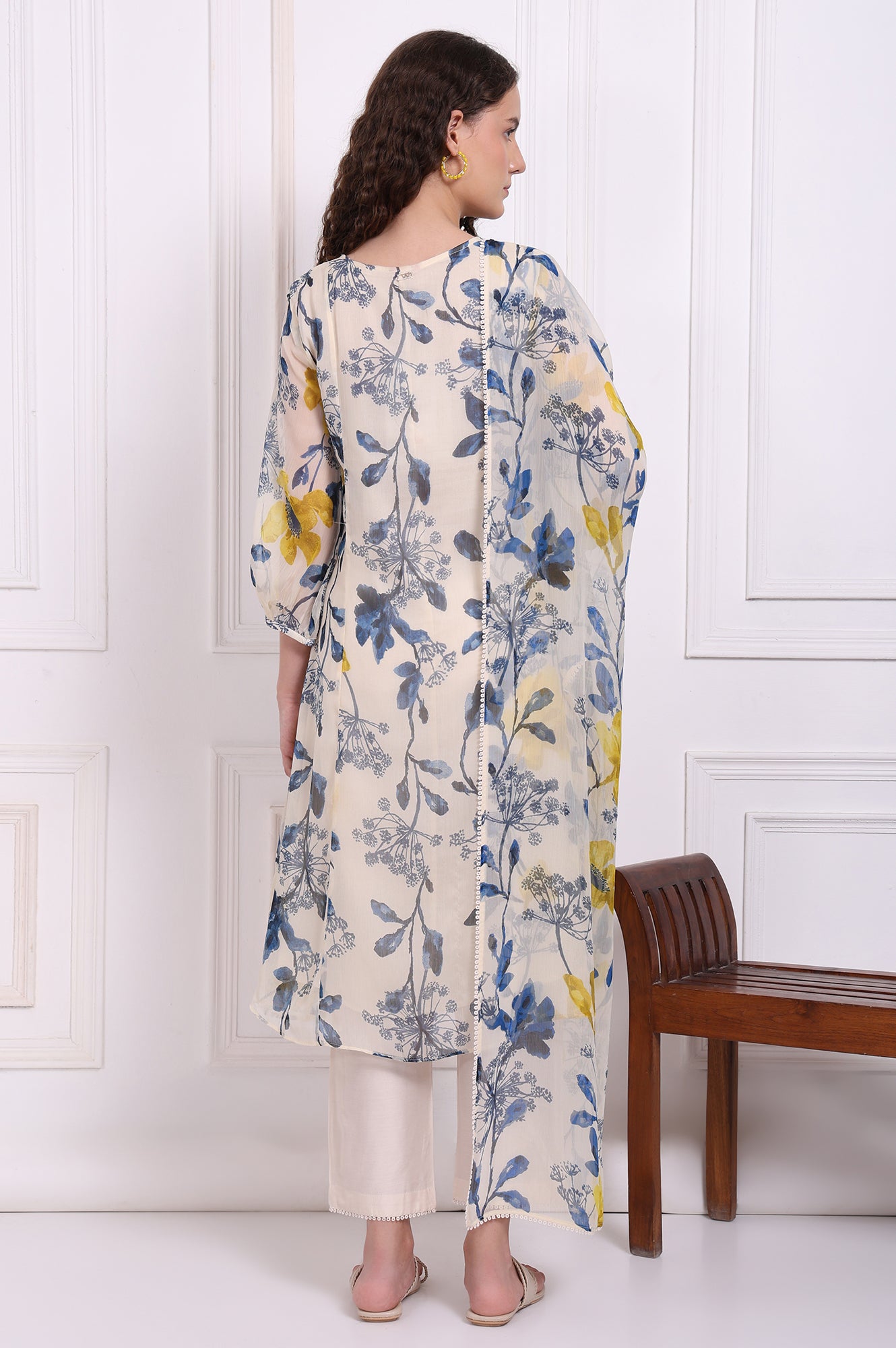 Ecru Floral Printed Chiffon Flared Kurta, Pants and Dupatta Set