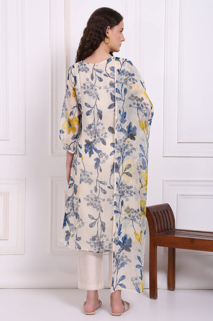 Ecru Floral Printed Chiffon Flared Kurta, Pants and Dupatta Set