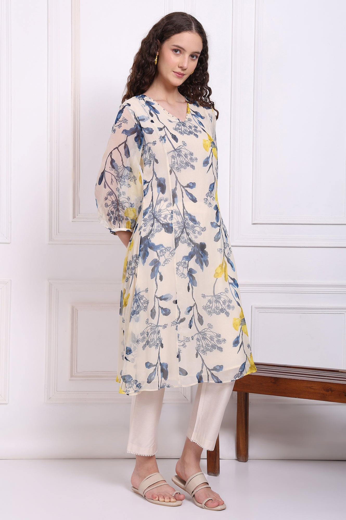 Ecru Floral Printed Chiffon Flared Kurta, Pants and Dupatta Set