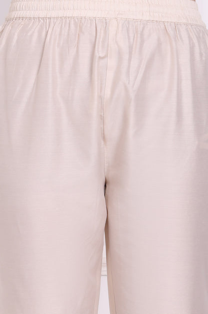 Ecru Floral Printed Chiffon Flared Kurta, Pants and Dupatta Set