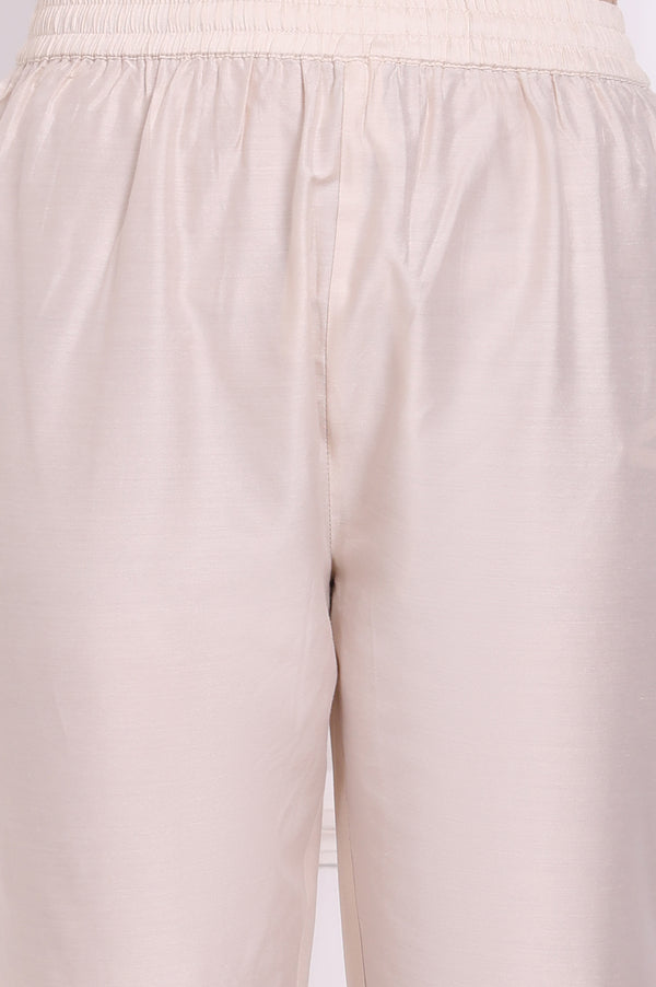 Ecru Floral Printed Chiffon Flared Kurta, Pants and Dupatta Set