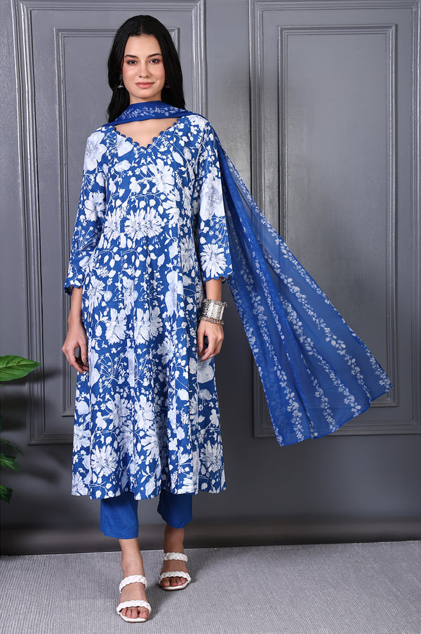 Blue Floral Printed Lace Rayon Flared Kurta, Pants and Dupatta Set