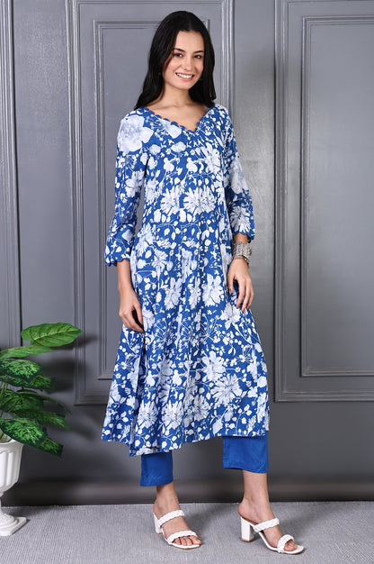 Blue Floral Printed Lace Rayon Flared Kurta, Pants and Dupatta Set