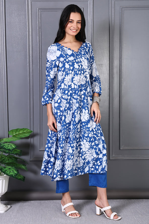 Blue Floral Printed Lace Rayon Flared Kurta, Pants and Dupatta Set