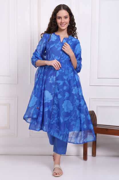 Blue Floral Printed Lace Flared Kurta, Pants and Dupatta Set