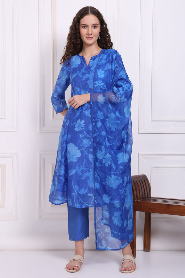 Blue Floral Printed Lace Flared Kurta, Pants and Dupatta Set
