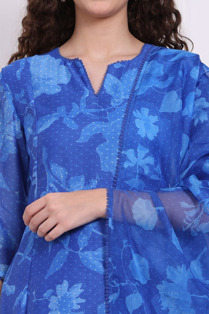 Blue Floral Printed Lace Flared Kurta, Pants and Dupatta Set