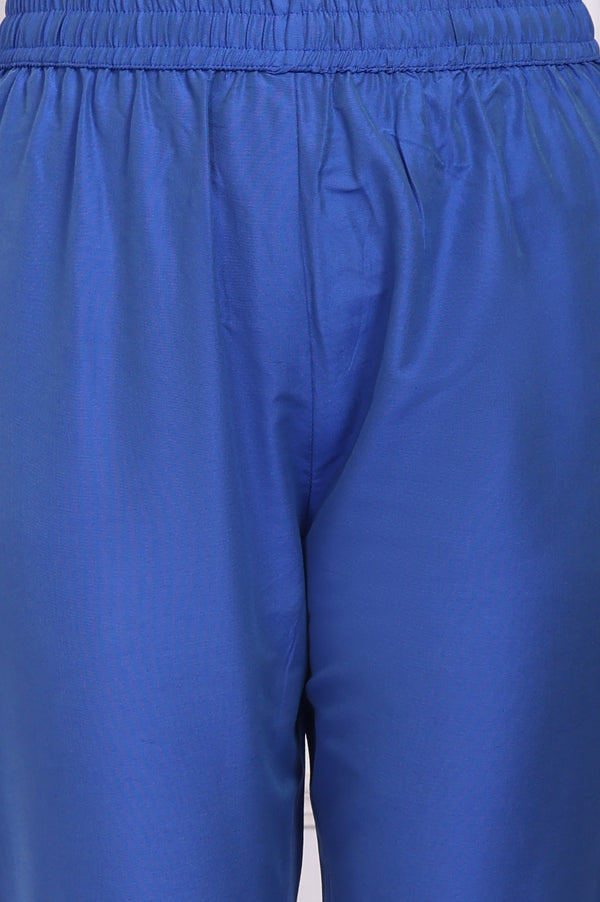 Blue Floral Printed Lace Flared Kurta, Pants and Dupatta Set