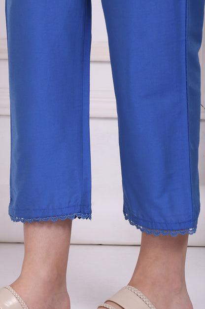 Blue Floral Printed Lace Flared Kurta, Pants and Dupatta Set