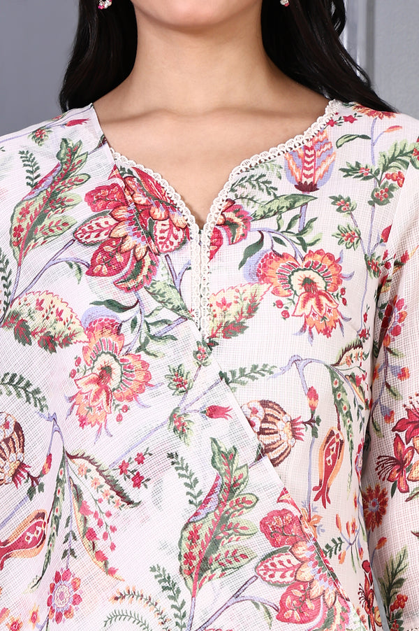 Off White Floral Printed Kota Straight Kurta, Pants and Dupatta Set