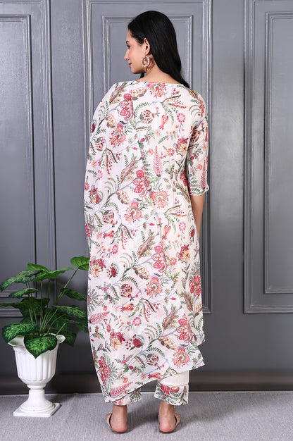 Off White Floral Printed Kota Straight Kurta, Pants and Dupatta Set