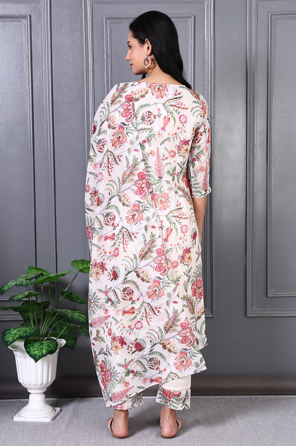Off White Floral Printed Kota Straight Kurta, Pants and Dupatta Set