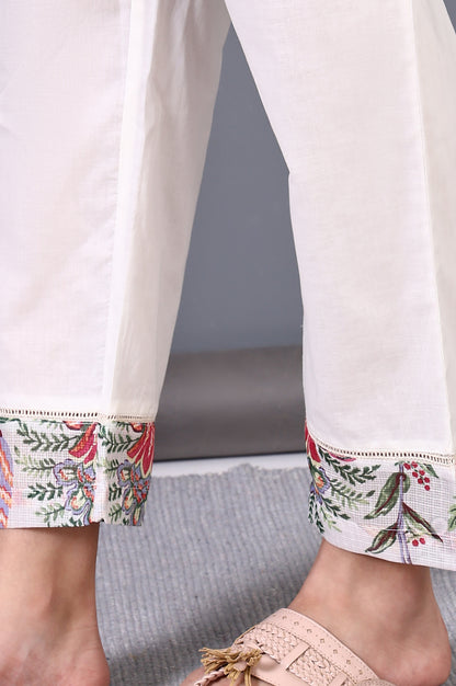 Off White Floral Printed Kota Straight Kurta, Pants and Dupatta Set