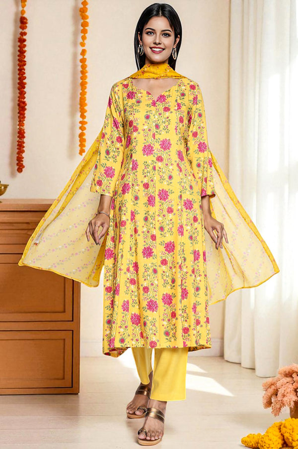 Marigold Yellow Printed Rayon Flared Kurta, Straight Pant and Dupatta Set