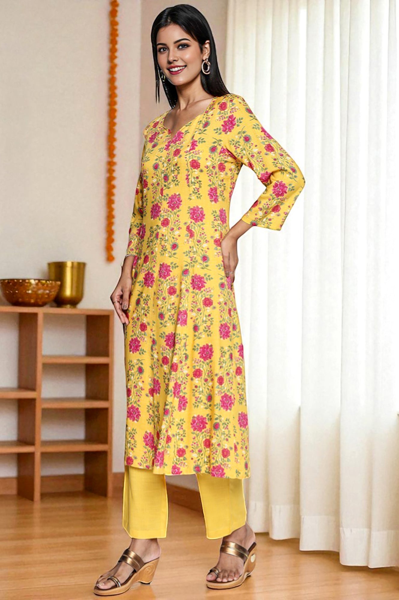 Marigold Yellow Printed Rayon Flared Kurta, Straight Pant and Dupatta Set