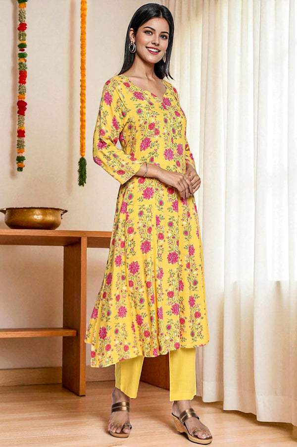 Marigold Yellow Printed Rayon Flared Kurta, Straight Pant and Dupatta Set