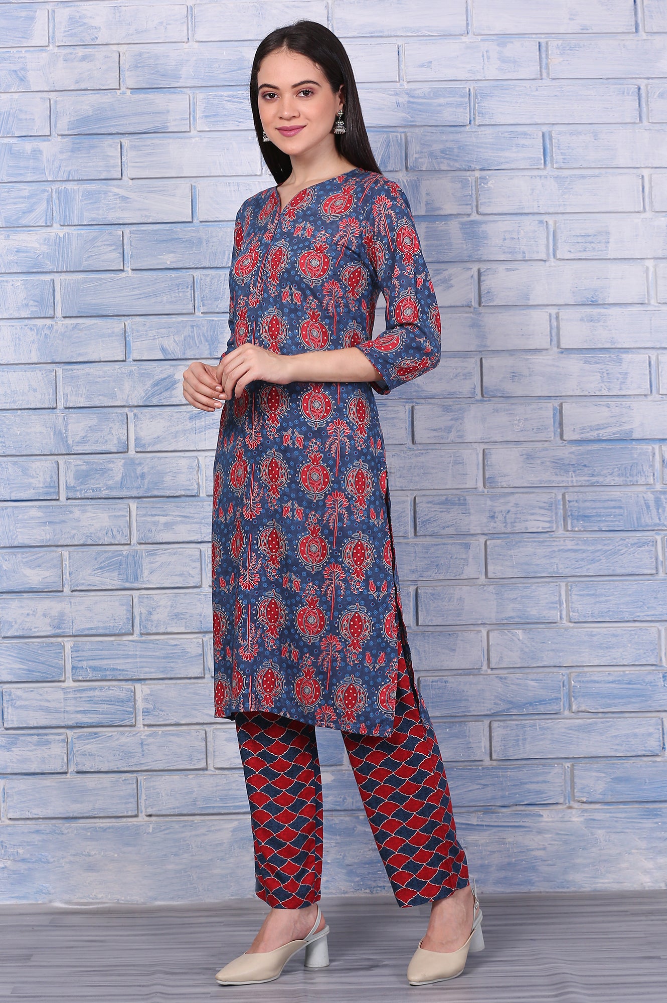 Blue Printed Modal Straight Kurta, Pants and Dupatta Set
