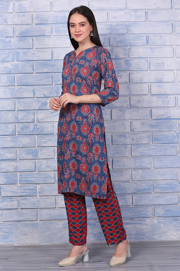 Blue Printed Modal Straight Kurta, Pants and Dupatta Set