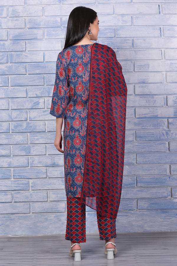Blue Printed Modal Straight Kurta, Pants and Dupatta Set