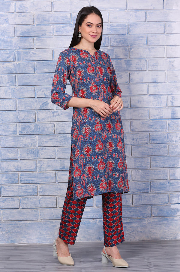 Blue Printed Modal Straight Kurta, Pants and Dupatta Set