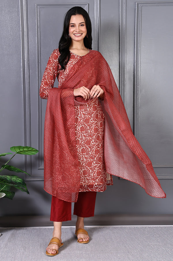 Red Floral Printed Kota Straight Kurta, Pants and Dupatta Set