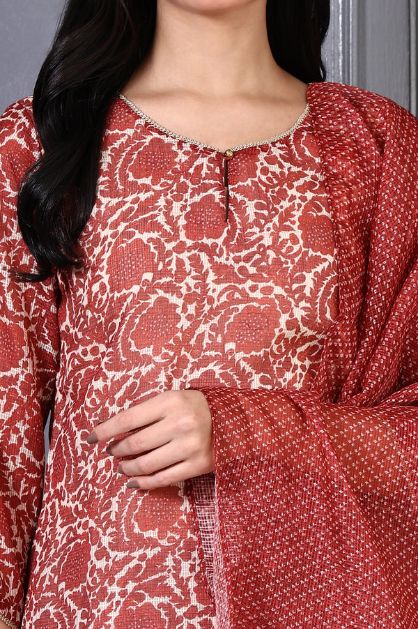 Red Floral Printed Kota Straight Kurta, Pants and Dupatta Set