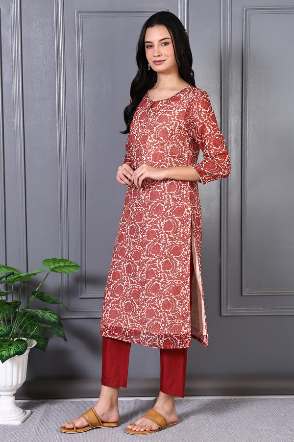Red Floral Printed Kota Straight Kurta, Pants and Dupatta Set