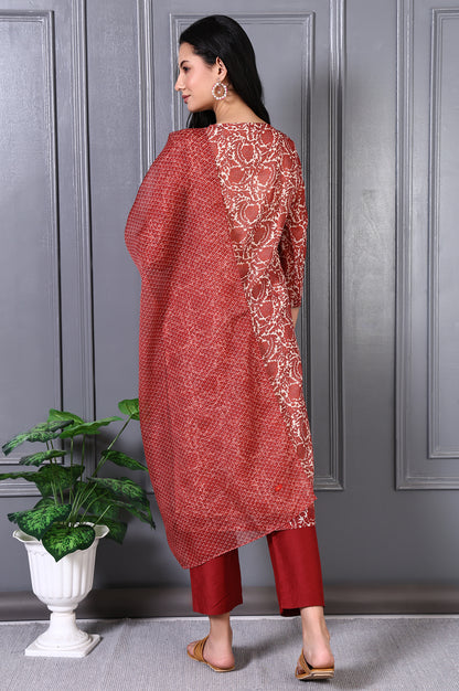 Red Floral Printed Kota Straight Kurta, Pants and Dupatta Set