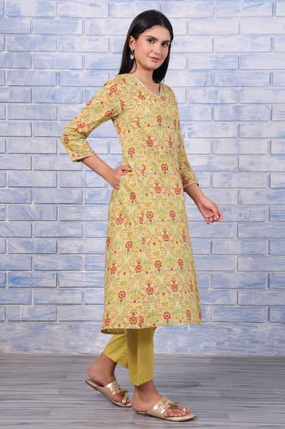 Green Floral Printed Lace Pure Cotton Flared Kurta, Straight Pant And Dupatta Set