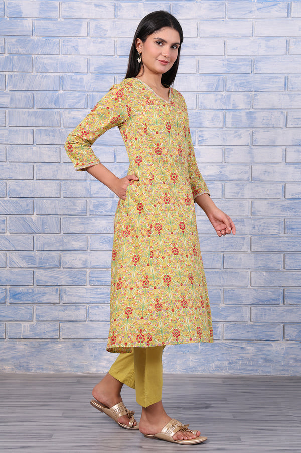 Green Floral Printed Lace Pure Cotton Flared Kurta, Straight Pant And Dupatta Set
