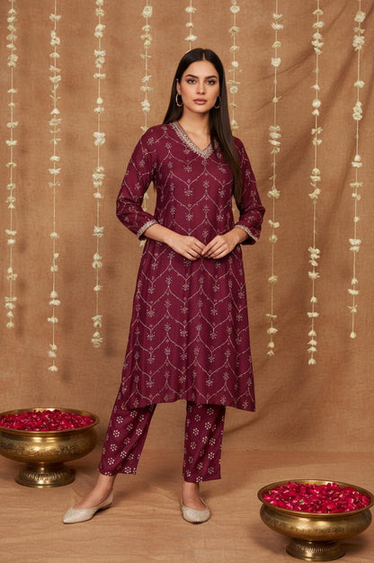 Purple Bandhani Printed Embroidered Straight Rayon Kurta and Straight Pant Co-ord Set
